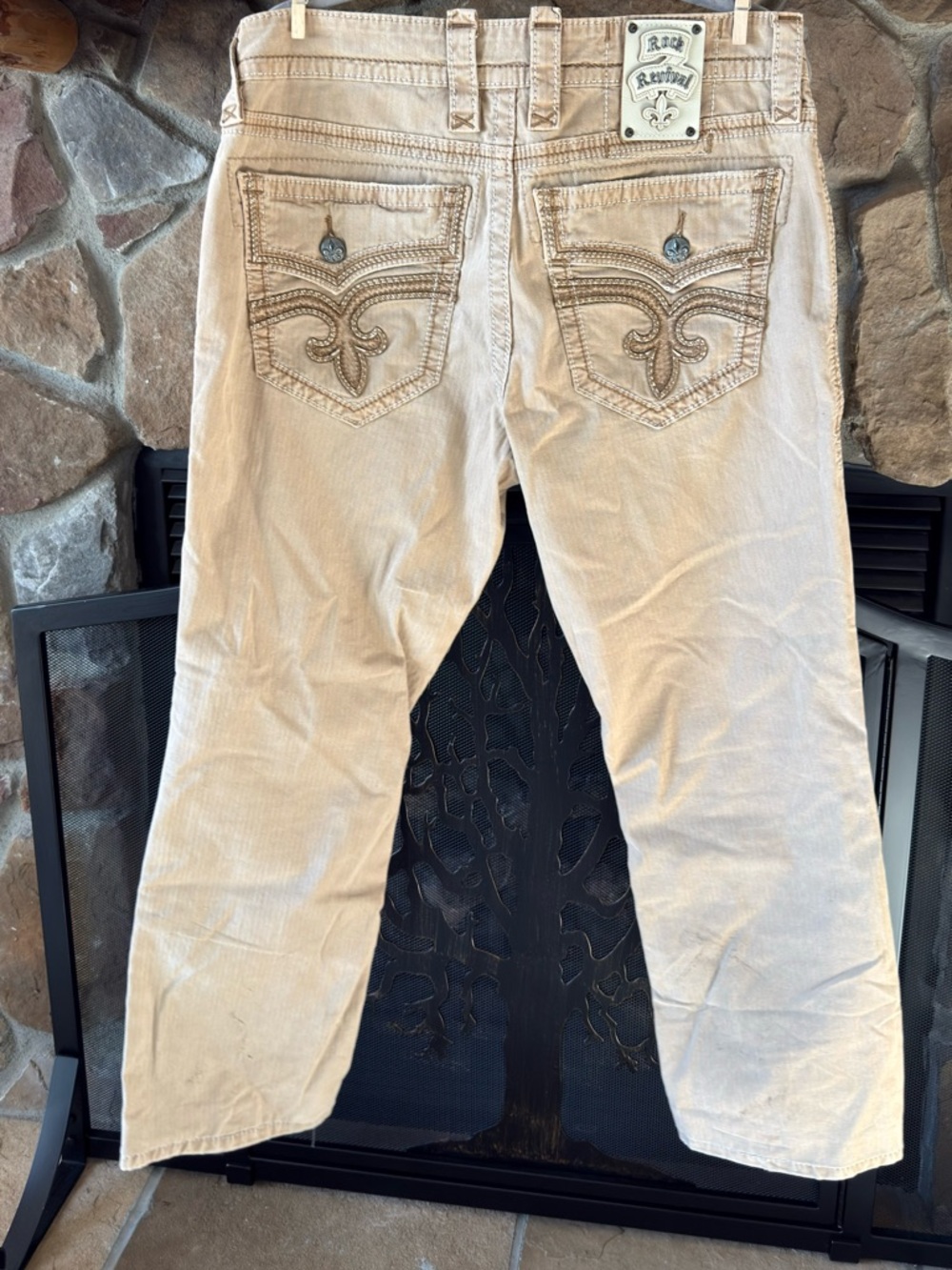 Rock Revival Beige Jeans with Orange Waistband Accents